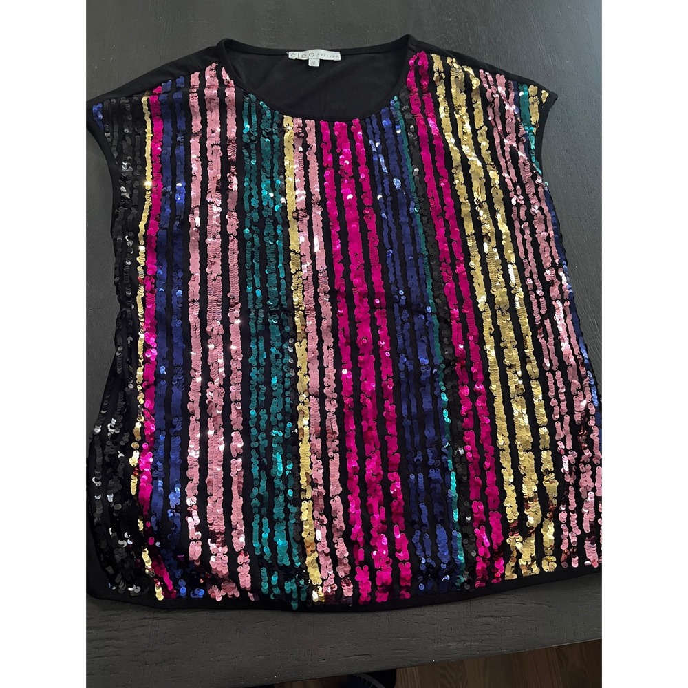 Cleo Petites Womens Sequin Stripe Top Black Multi‎ Color Sleeveless Med Rainbow